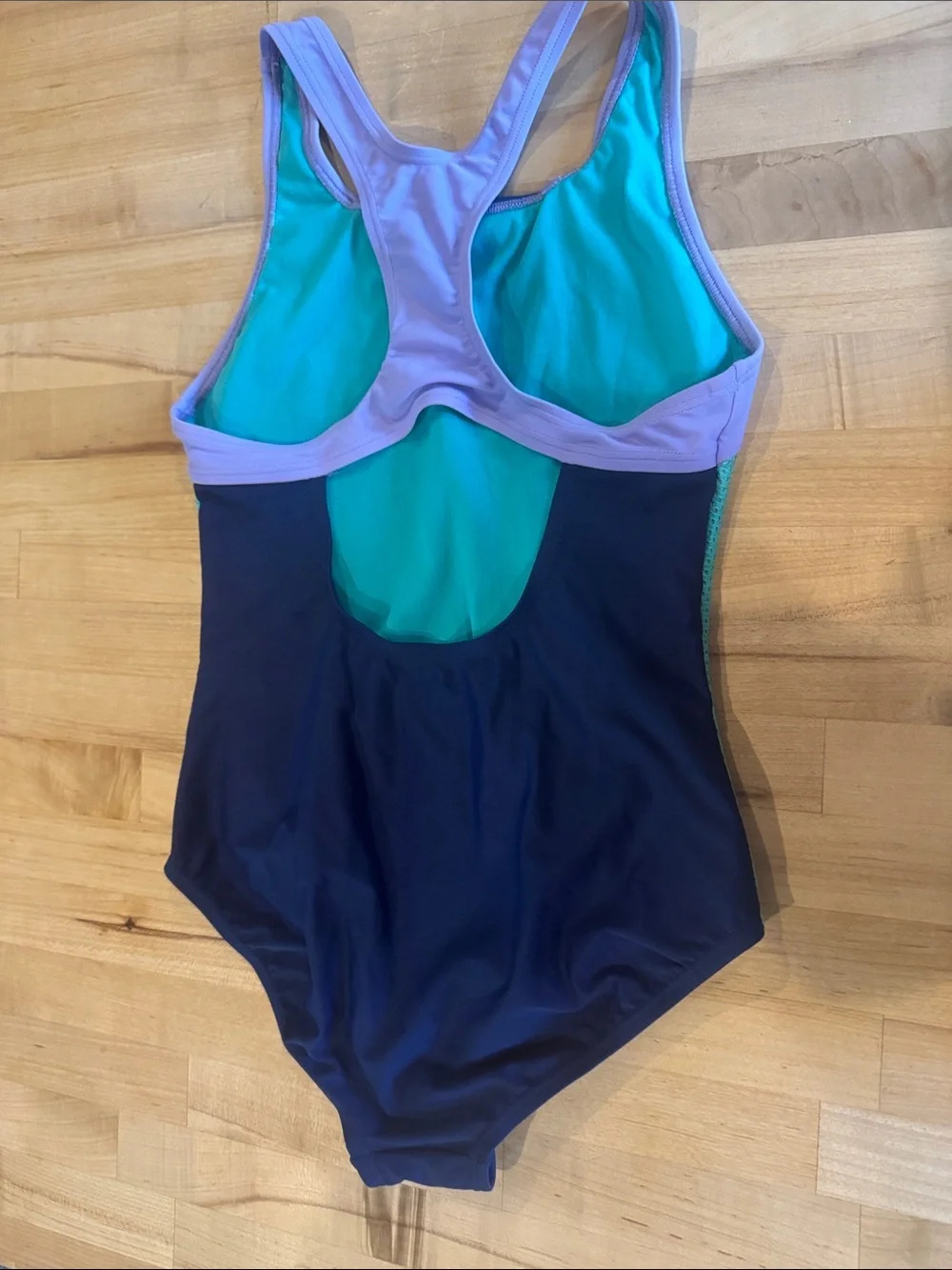 Speedo Navy One-Piece Swimsuit with Lavender Straps and Teal Side Panels